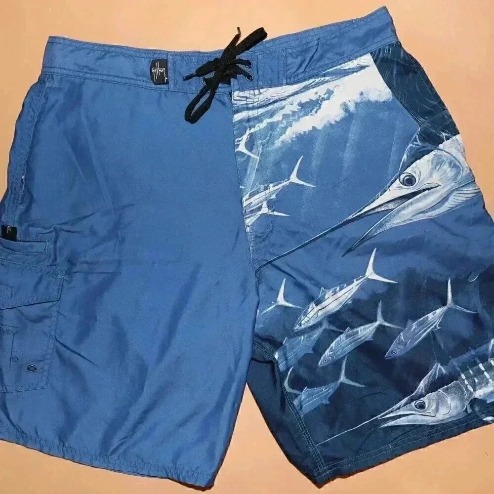 Guy Harvey Sword Fish Blue Swim Trunks Size‎ 34 Summer Beach Board Shorts